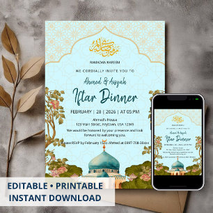 Title Blue Floral Arch Mosque Watercolor Iftar Invitation
