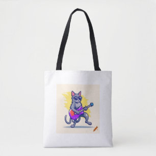 Title: Cartoon Cat with Electric Guitar Tote Bag –