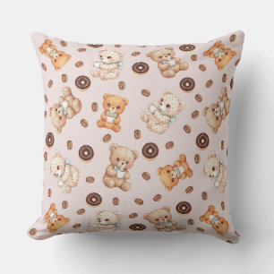 Title Cute Coffee and Doughnuts Bear Seamless Patt Throw Pillow