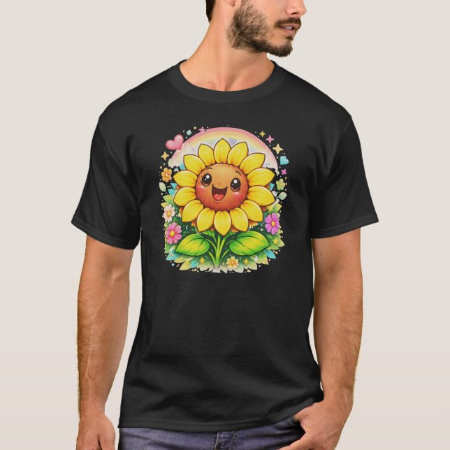 🌻 Title Cute Smiling Sunflower Rainbow Garden T-Shirt (Front)