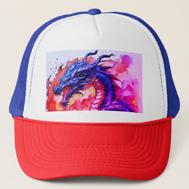 Title: "Fireborn Dragon Crest Print Cap" Trucker Hat (Front)