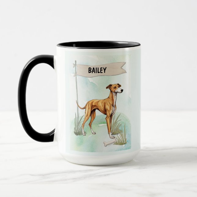 Title: Greyhound Watercolor Personalized Dog Mug (Left)
