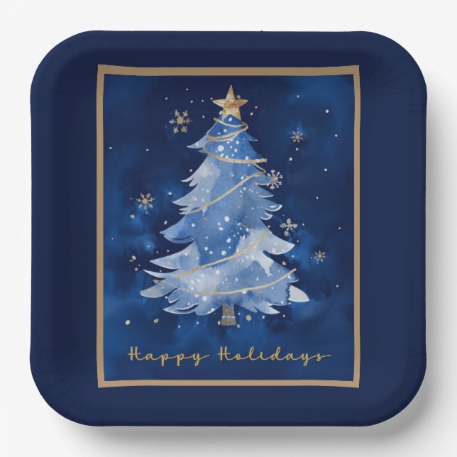 Title: Happy Holidays Elegant Navy Gold Christmas  Paper Plate (Front)