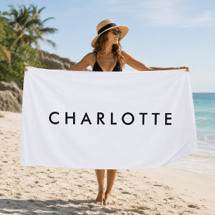 Title  Modern Personalized White Name Beach Towel