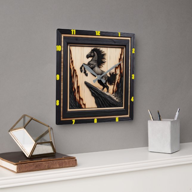 Title: Mountain Spirit: Personalized Charred Wood  Square Wall Clock (Office)