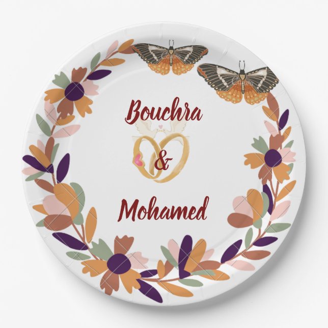 Title: Personalized Floral Wedding Plate – Bouchra (Front)