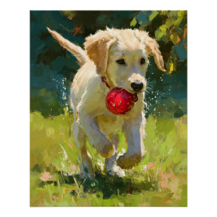 Title: Playful Golden Retriever Red Ball Poster