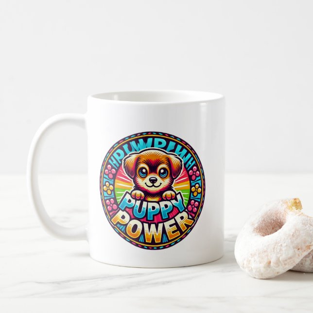 Title: Puppy Power - Cute & Colourful Dog  Coffee Mug (With Donut)