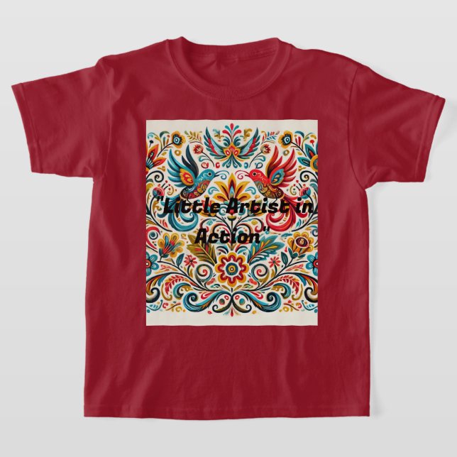 Title: Vibrant Folk Art Floral Pattern T-Shirt (Laydown)