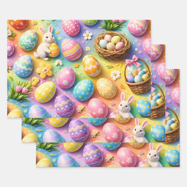 Title whimsical Easter bunny and colorful egg pat Wrapping Paper Sheet (Set)