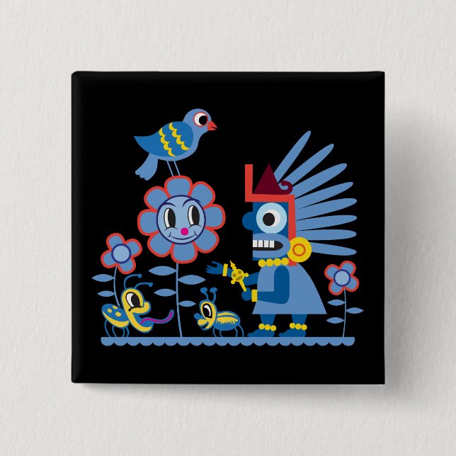Tlaloc's Happy Spring Flower Time. 2 Inch Square Button (Front)