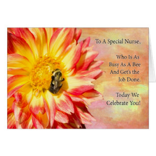To a Special Nurse Red And Yellow Dahlia With Bee