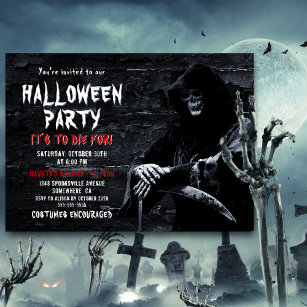 To Die For Scary Grim Reaper Halloween Party Invitation