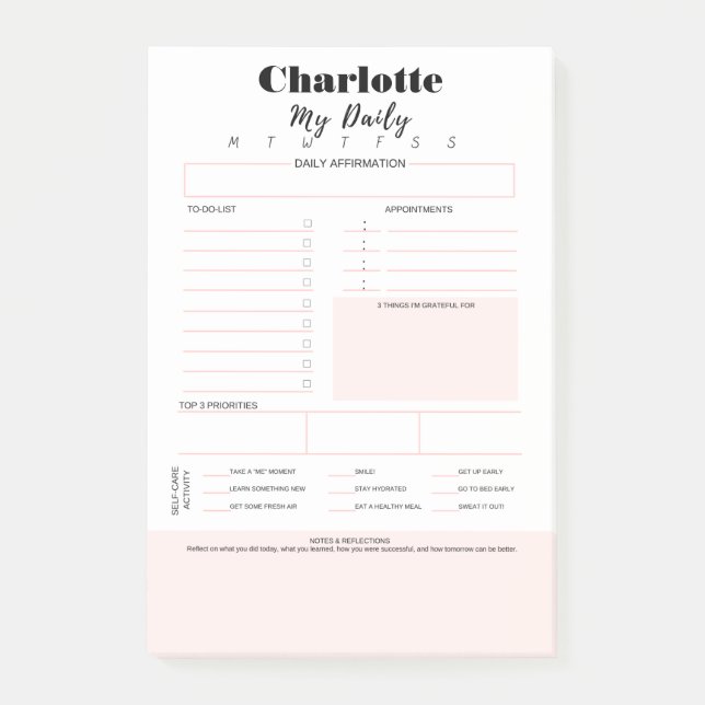To-Do-List | Affirmation Gratitude, Self Care Pink Post-it Notes (Front)