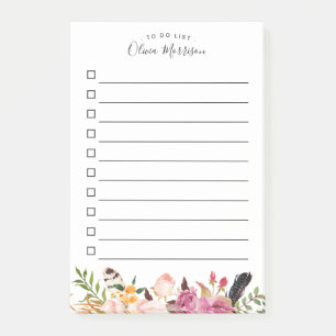 To Do List - Bohemian Boho Floral Feather Post-it Notes