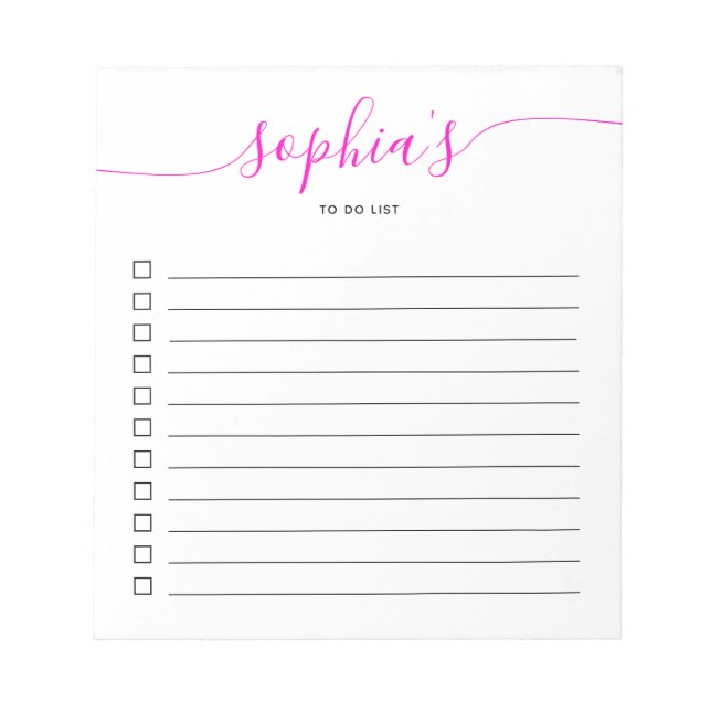 To Do List Chic Script Bright Pink Notepad (Front)