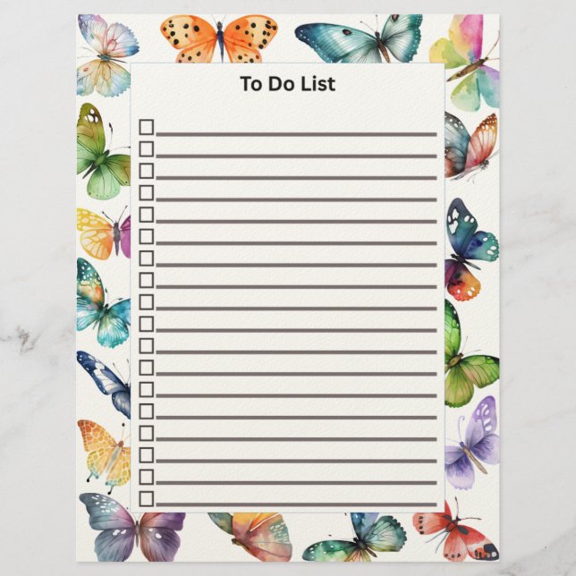 To Do List With Butterflies Letterhead (Front)