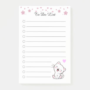 To Do List with Flowers & Cute White Kitty Cat Post-it Notes