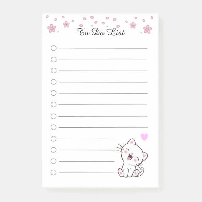 To Do List with Flowers & Cute White Kitty Cat  Post-it Notes (Front)