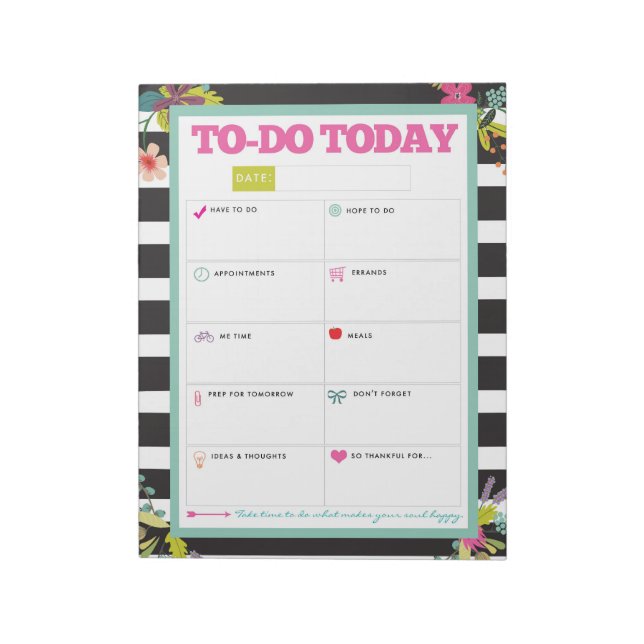 To-Do Today - Black & White Stripe Floral Notepad (Rotated)