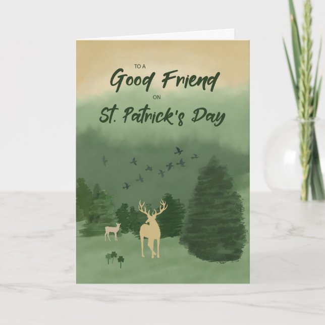 To Friend St. Patrick's Day Landscape with Deer Card (Front)