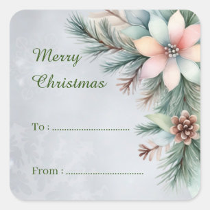 To From Merry Christmas Floral Greenery Gift Square Sticker