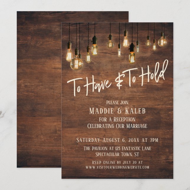 To Have and To Hold Brown Wood Edison Lights Invitation (Front/Back)