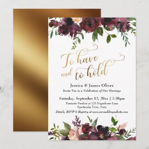 To Have and To Hold Dark Red Burgundy Floral Gold Invitation