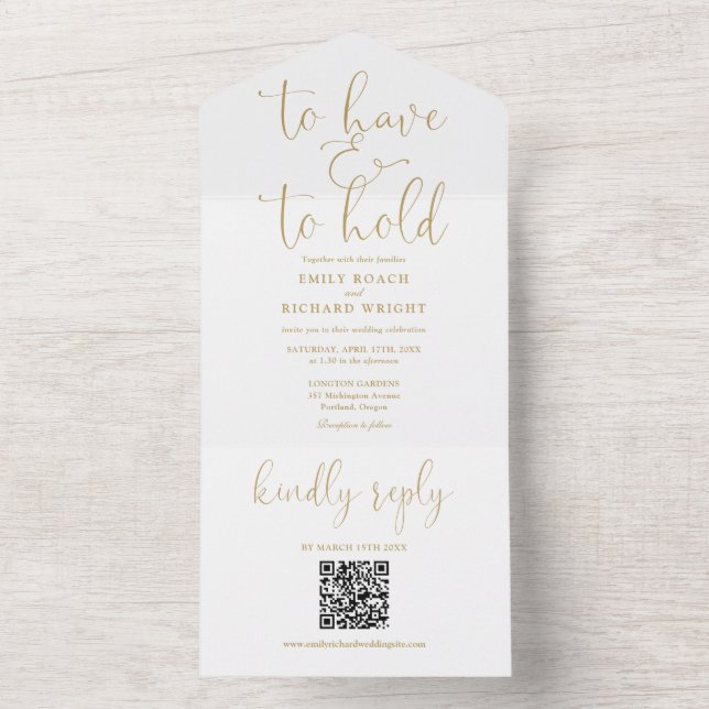To Have And To Hold QR Code Chic Gold Wedding All In One Invitation (Inside)