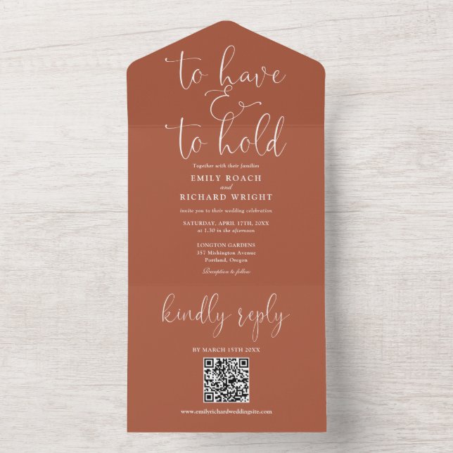 To Have And To Hold QR Code Terracotta Wedding All In One Invitation (Inside)