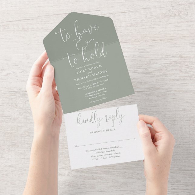 To Have And To Hold Script Sage Green Wedding All In One Invitation (Tearaway)