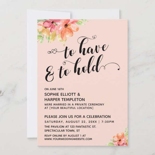 To Have & To Hold Hearts Script Blush Florals Invitation (Front)