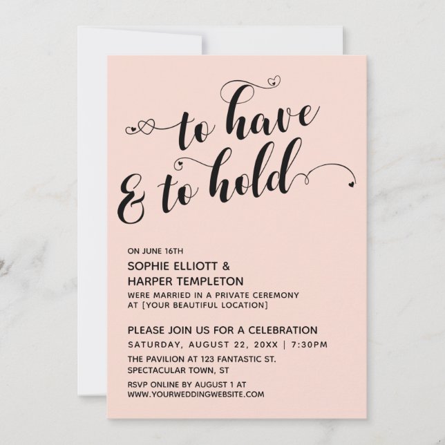 To Have & To Hold Script, Hearts Blush Reception Invitation (Front)