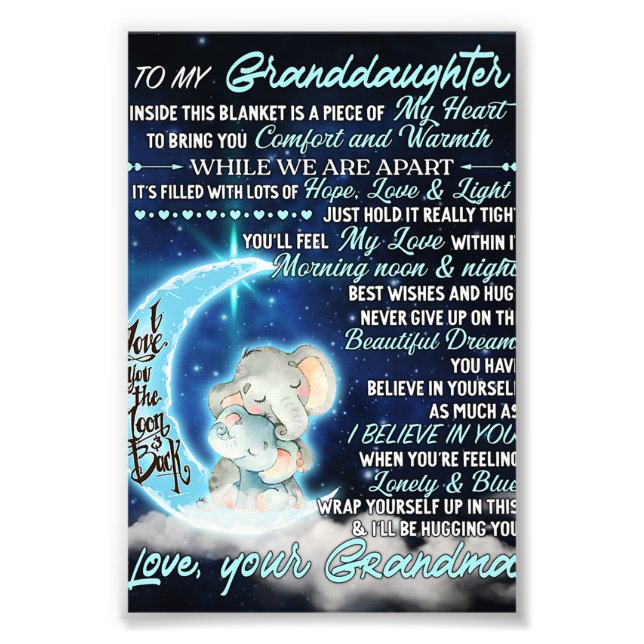 To My Granddaughter Elephant  Birthday Gift Idea Photo Print (Front)