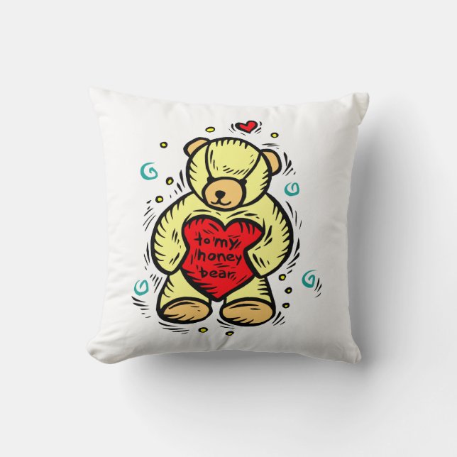 to my honey bear holding red love heart throw pillow (Front)