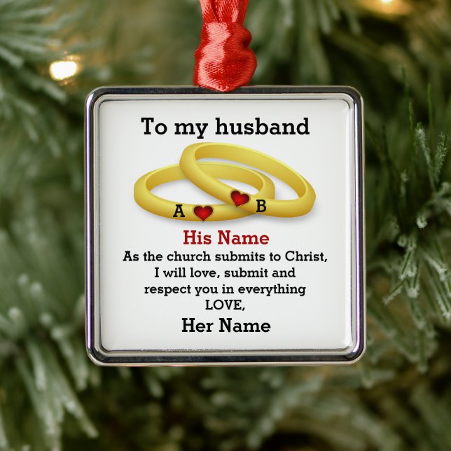To my husband for him wedding couple ring monogram metal ornament (Tree)