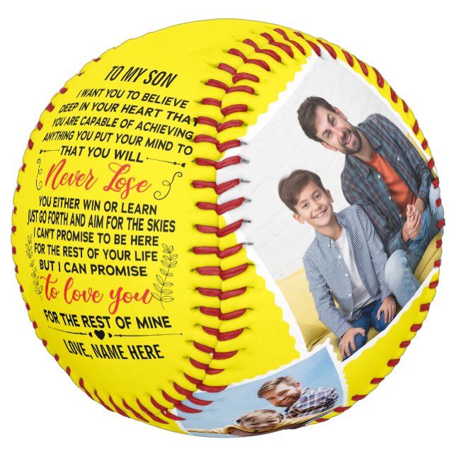 To My Son From Dad or Mom Quote & Custom 4 Photos Softball (Angled)