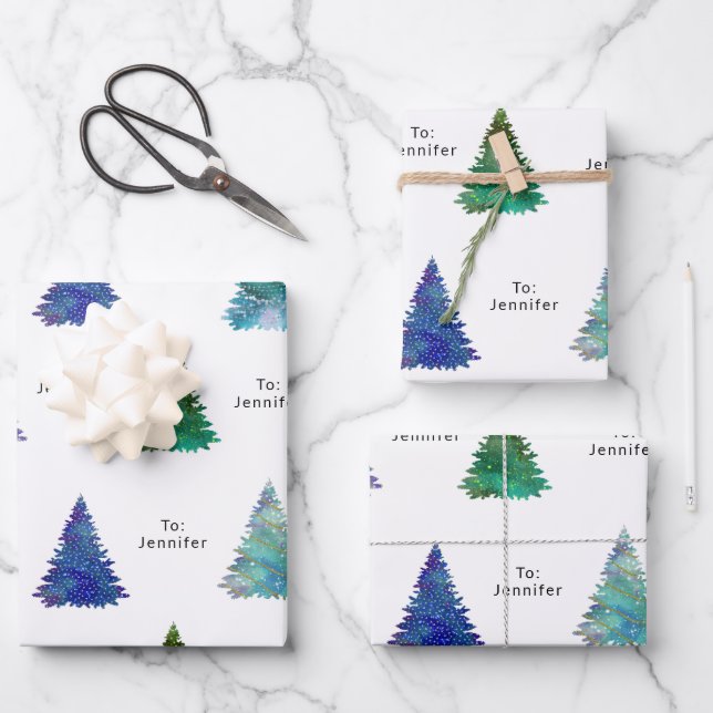 To: Name Print Colourful Christmas Trees Wrapping Paper Sheet (Front)