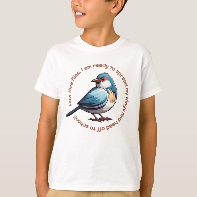 To School Kids T-Shirt Blue Brown Bird  (Front)