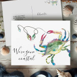 To The Beach New Home Moving Announcement Postcard<br><div class="desc">Announce your change of address in style with this modern "We've Moved" postcard, perfect for sharing your new Florida beach home just in time for Christmas 2024! This design features my original watercolor crab adorned with festive Christmas lights in turquoise, blue, red, and green hues. The phrase "Gone Coastal" is...</div>