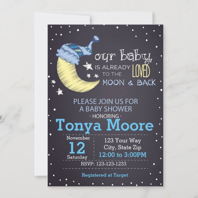 To the Moon and Back Baby Shower Invitation (boy) (Front)