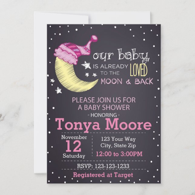To the Moon and Back Baby Shower Invitation (girl) (Front)