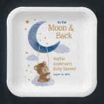 To the Moon and Back Baby Shower Paper Plates<br><div class="desc">This baby shower paper plates design features a cuddly cute teddy bear swinging on a cloud attached to a blue crescent moon. Fluffy clouds and shiny gold stars fill the sky background. Whimsical celestial and modern fonts complete this look. Display on your favorite easel.</div>