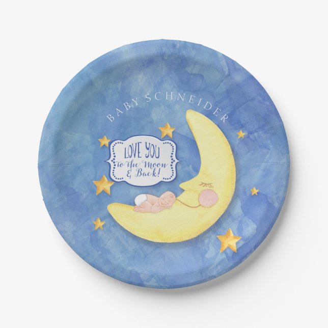 To The Moon and Back Stars Typography Baby Shower Paper Plate (Front)
