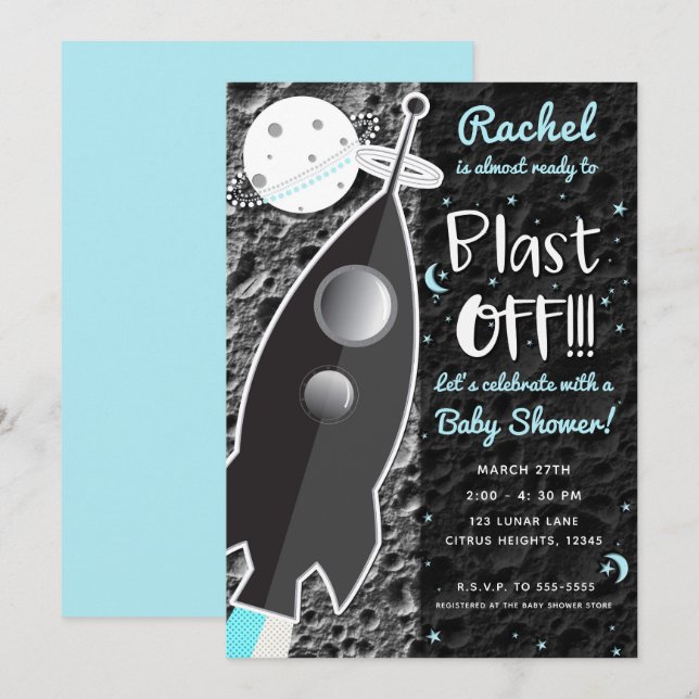 TO THE MOON Rocket Ship Space Baby Shower Invitation (Front/Back)