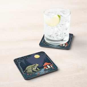 Toad Foraging Toadstools In A Moonlit Woodland Coaster