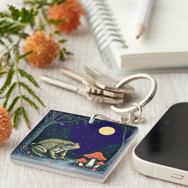 Toad Foraging Toadstools In A Moonlit Woodland  Keychain (Front Right)