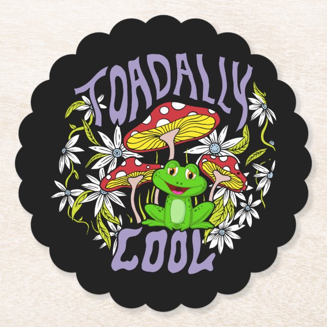 Toadally Cool Colourful floral and frog typography Paper Coaster (Front)