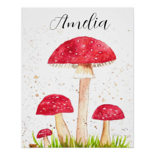 Toadstool Mushroom Forest watercolor Red Nature Poster