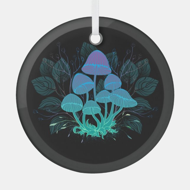 Toadstools in Bushes Glass Ornament (Front)